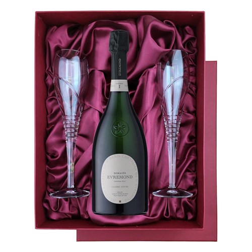 Domaine Evremond Classic Cuvee English Sparkling 75cl in Red Luxury Presentation Set With Flutes